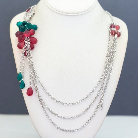 26 inch, Vintage Green & Red Beads Silver Tone Multistrand Necklace - G50 - Picture 1 of 3
